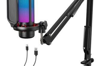 TONOR Gaming Microfono, USB Mic con Supporto per Braccio, Micro a Condensatore Cardioide con RGB e Luminosità Regolabili, Mute Rapido, Controllo del Guadagno, per Streaming, Gaming TC310+