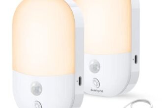 Suright 2 Pezzi Luce Notturna Bambini Ricaricabile Tipo-C, con Sensore di Movimento e 5 Livelli Regolabile Luminosità, LED per Corridoio, Scale, Cucina, Bagno, Bianca Calda
