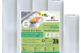 KitchenBoss Rotoli sottovuoto per alimenti：5 Rotoli Sacchetti Sottovuoto Alimenti,28×3/20×1/15×1/300 cm, Buste Sottovuoto Alimenti Goffrati per Macchine Sottovuoto & Cottura Sous Vide