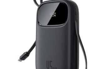 Baseus Powerbank 45W 20000mAh con 2 Cavi USB-C Integrati, Ricarica Rapida Power Bank PD3,0 QC4,0, 3 C 1 A, Caricatore Portatile per iPhone 17/16/15 Pro Max, iPad, Samsung, Nero