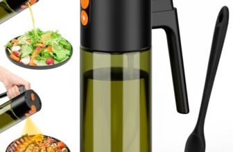 Euqvunn Spruzzino Olio 500 ml, 2-in-1 Spray & Versatore, Vetro Blocca Luce, Oliera Spray Ricaricabile per Cucina, Friggitrice ad Aria, Insalata e Grigliate, con Pennello (Nero)