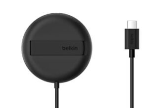 Belkin Tappetino di ricarica wireless magnetica 15 W con supporto, caricatore wireless Qi2 compatibile con MagSafe per iPhone 16 Series, Samsung Galaxy S25 Series, AirPods (senza alimentatore), nero