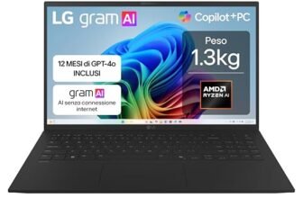 LG gram AI 15Z80T, Notebook 15.6″ FHD (1920×1080), AMD Ryzen AI 7 350, 16GB RAM, 512GB SSD, Ultraleggero solo 1.3 kg, Batteria 72Wh, Windows 11 Home, Copilot, scocca in alluminio, Nero