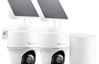 Reolink 3MP Telecamera Wi-Fi Esterno Kit, Senza Fili, Visione Notturna IR, Impermeabile, Rilevamento PIR, 360° Pan&Tilt, Audio a 2 Vie, Home Hub Mini con 2x Argus PT Lite + pannello solare Lite