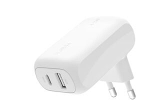 Belkin BoostCharge doppio caricatore usb da parete da 42 W, ricarica rapida USB-C + USB-A per iPhone 16,16 Plus,16 Pro,16 Pro Max,15,15 Pro Max, 14,Galaxy S24, Plus,Ultra,iPad,AirPods e altri, bianco