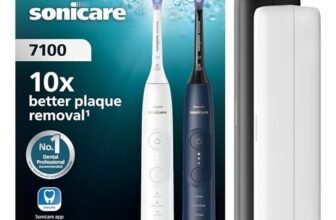 Philips Sonicare 7100, spazzolino elettrico sonico con app, 4 modalità di spazzolamento e 3 livelli di intensità, SmarTimer, bianco e blu navy, confezione da 2, HX7429/01 [Nuova tecnologia]