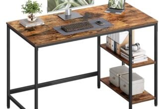 VASAGLE Scrivania per Computer, Scrittoio con 2 Ripiani a Sinistra o Destra, Tavolo da Lavoro, per Ufficio Soggiorno, Struttura in Acciaio, Industriale, Marrone Vintage e Nero LWD47X