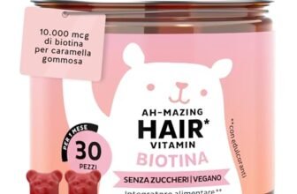 Biotina Gummies Ah-mazing Hair – Integratori per Capelli – Formula Potenziata – 10.000 µg di Biotina, Zinco, Vitamina B6, C, E e Iodio – 30 pezzi (1 Mese), Vegane, Senza Zucchero, Bears with Benefits