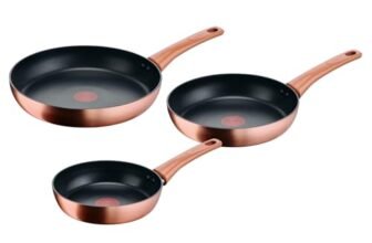 Lagostina Rosé, Set di 3 Padelle Antiaderenti Ø 20/24/28 cm, Rivestimento Titanium, Indicatore di Calore Thermo-Signal, Manico Rivettato, Compatibile con Induzione, Colore Oro Rosa