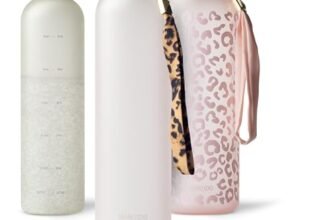 MAMEIDO Bottiglia acqua 1 litro, Borraccia plastica tritan a tenuta stagna, senza BPA, bottiglia motivazionale con orario (Rosé Quartz)