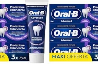 Oral-B Dentifricio Advanced Protezione Sbiancante 3x75ml, Oral B Dentifricio Sbiancante Denti, Clinicamente Provato, Pulizia Denti Efficace, Alito Fresco Sapore Menta Piperita (Confezione da 2)