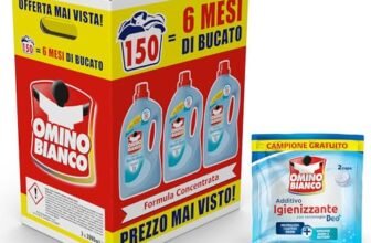 Omino Bianco – Detersivo Lavatrice Liquido, 150 Lavaggi, Rispetta Colori e Tessuti, Fresco Profumo con Essenza di Muschio Bianco, 2000 ml x 3 + Campione di Additivo Lavatrice Igienizzante Idrocaps