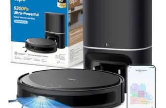 Tapo RV20 MAX Plus Robot Aspirapolvere Lavapavimenti con Mappatura 5300Pa, Svuotamento Automatico Polvere 3L, Navigazione LiDAR MagSlim, Design Ultra Compatto 83mm, Controllo APP&Alexa&Google