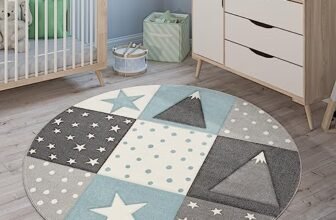 Paco Home Tappeto Per Bambini Colori Pastello Quadri Punti Cuori Stelle Bianco Grigio Blu, Dimensione:Ø 160 cm tondo