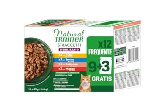 Natural Trainer Straccetti Cibo Umido per Gatti Adulti Sterilizzati – Bocconcini in salsa Multipack (Pollo, Tonno, Salmone, Manzo) 12 x 85g
