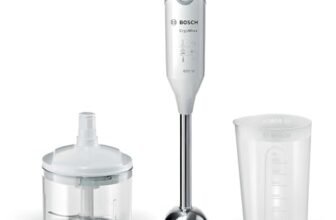 Bosch Frullatore a Immersione MSM66120, 600W, Impugnatura Ergonomica, Piede in Acciaio Inox, Lama a 4 ali Acciaio Inox, Velocità Variabile, Accessorio Tritatutto Incluso, Bicchiere Graduato, Bianco