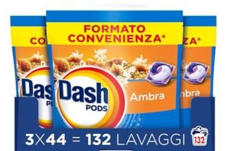 Dash Pods Detersivo Lavatrice In Capsule, 132 Lavaggi (3×44), Ambra, Rimuove le Macchie, Igienizza, Dona Freschezza, Brillantezza Per I Capi