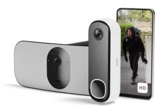 Arlo Videocitofono Wireless HD e Telecamera con Faretto 2K WiFi Nera – Protezione Intelligente per la Casa, Visione Notturna, Rilevamento del Movimento, Audio Bidirezionale, Compatibile con Alexa