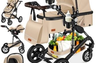 KESSER® Carrozzina 3in1 Loops, Carrozzina Combinata con navicella, Seggiolino sportivo, Seggiolino auto, Borsa Fasciatoio, Parapioggia, Tavolino per Bambini, Beige/Nero