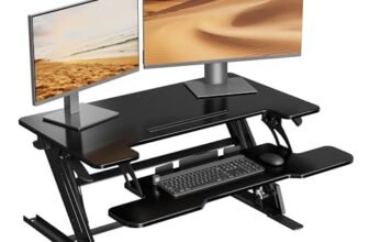 BONTEC Scrivania Regolabile in Altezza, Scrivania Stand-Up con Sistema a Molla Doppia, Riser per Monitor Doppio, 91.5cm x 52.2cm, Capacità 15kg, Facile da Assemblare, Design Salvaspazio