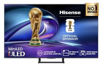 Hisense TV 55″ Mini-LED 144Hz 4K 2025 55E8Q, Smart TV VIDAA U8, Dolby Vision IQ, HDR 10+ Adaptive, 144Hz Game Mode PRO, Dolby Atmos 2.1 con Subwoofer, Alexa Built-in, VIDAA Voice, lativù 4K, 55”