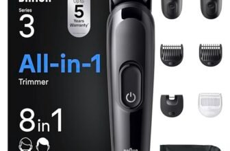Braun Rifinitore All-In-One Series 3, Rasoio Elettrico Barba E Capelli 8In1, Lama Ultra Affilata, Rasoio Elettrico Corpo Uomo, 14 Lunghezze, 50 Min. di Autonomia, Styling Facile Viso E Capelli,AIO3545