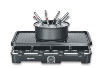 SEVERIN Raclette Grill e Fonduta 2in1, 1400W, 8 Padelline, 8 Spatole e 8 Forchette, Piastra Ceramica, Temperatura Regolabile, Cavo Lungo 195 cm, 42,0 x 28,0 x 12,0 cm, Nero – RG 2347