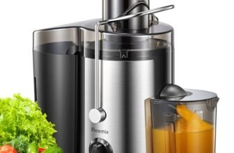 Elettrica Centrifuga Frutta e Verdura, Reemix Estrattore Frutta e Verdura Facile da Pulire, 65 MM Bocca Larga, Acciaio Inox, 2 Velocità, Spazzola & Ricetta (Black, 500W)