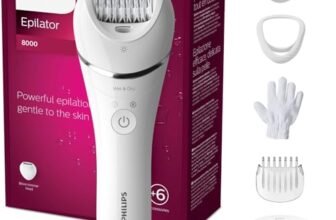 Philips Epilator Series 8000, dispositivo di epilazione Wet & Dry cordless per gambe e corpo con 6 accessori, rifinitore ed esfoliante corpo, modello BRE715/00