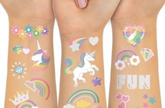 Waterproof Temporary Tattoos – 118pcs Groovy Fake Tattoo for Kids Birthday Party Supplies, Star Unicorn Smiley Rainbow Flower Candy Crown Arts and Crafts for Boys or Girls 6 7 8 9 10 11 12 years old