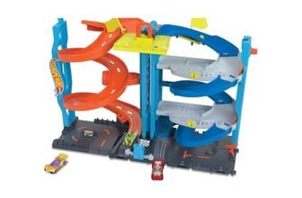 Hot Wheels City playset con pista e 1 macchinina Hot Wheels, torre 2 in 1 da modalità corsa singola a doppia, ascensore azionato manualmente incluso, HKX43