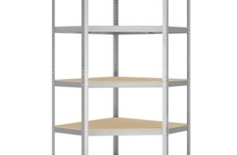 SONGMICS Scaffale Angolare a 5 Ripiani, Scaffalatura ad Angolo in Acciaio per Carichi Pesanti, per Garage, Ripostiglio, Magazzino, Portante 875 kg, Argento Pallido e Beige Naturale GLR080E01