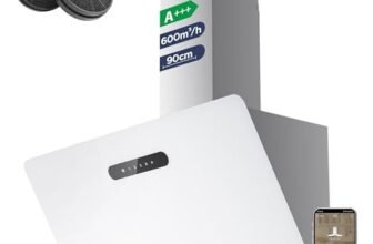 CIARRA Cappa Aspirante 90 cm A+++ CBCW9736K Ricircolo Funzionamento App Sensore Tattile Funzionamento Cappello Inclinato Senza Testa 650m³/h – APP WiFi – CBCF003 Filtro a Carbone Inox Vetro Bianco