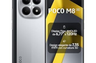 Xiaomi POCO M8 5G, Smartphone 8+256GB, Display AMOLED FIoW 6,77″ 120Hz, Snapdragon® 6 Gen 3, Doppia fotocamera AI 50MP, Design curvo 3D da 7,35 mm, Argento, Garanzia 2 anni, Caricatore non incluso