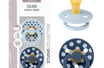 BIBS Polka Dots Ciuccio confezione da 2 pezzi. Privo di BPA, Tettarella tonda. Lattice di gomma naturale, Prodotto in Danimarca, Taglia 1 (0-6 mesi), Baby Blue/Steel Blue