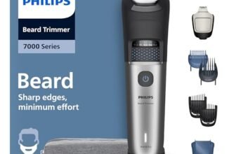 Regolabarba Philips serie 7000 – Lame in metallo autoaffilanti, 40 impostazioni di lunghezza, tecnologia BeardSense, raccoglitore per peli, 100% impermeabile, rifinitore ampio, modello BT7670/15