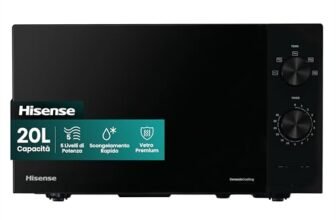 Hisense H20MOBP1 Forno a Microonde, Nero con Manopole, Capacità 20 litri, 5 Livelli di Potenza, Vetro Ceramica, Funzioni Timer e Defrost Rapido