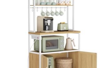 VASAGLE Scaffale Cucina con Prese, con Piano Alto 90 cm, Scaffale per Microonde con 8 Ganci, 40 x 80 x 170 cm, Marrone Vintage e Bianco Nuvola KKS059YA02