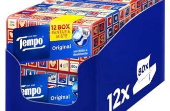 Tempo Fazzoletti Box Original – 4 Veli – 12 Confezioni da 80 Fazzoletti in 4 Grafiche Assortite, 960 Fazzoletti