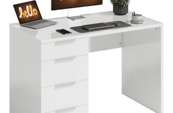 HOMCOM Scrivania Salvaspazio, 110×61.5×75 cm Scrivania Moderna con 4 Cassetti, Tavolo Computer per Casa, Studio, Camera e Ufficio, Bianco Lucido