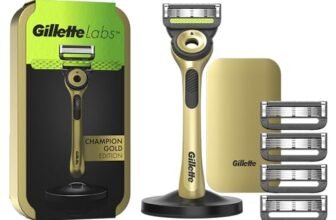 Gillette Labs Con Barra Integrata, Rasoio da Uomo, 1 Manico, 5 Lamette Di Ricambio, Con Base Magnetica, Edizione Dei Campioni, Oro, Rasoio Barba, Gillette Labs Lamette Di Ricambio