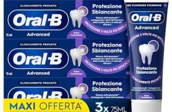 Oral-B Dentifricio Advanced Protezione Sbiancante 3x75ml, Dentifricio Sbiancante Denti, Clinicamente Provato, Pulizia Denti Efficace, Alito Fresco Sapore Menta Piperita