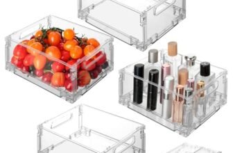 VINATO Set Da 4 Organizer Frigorifero, Contenitori Frigo Trasparenti, Impilabile, Senza BPA – Organizer Cucina, Organizer Bagno- Per Alimenti, Cosmetici E Articoli Da Ufficio