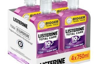 LISTERINE Total Care, Collutorio al gusto di Menta Pura, Collutorio con 10 benefici in 1 per una protezione completa e denti più forti, per un’igiene orale completa, 4×750 ml – Esclusiva Amazon