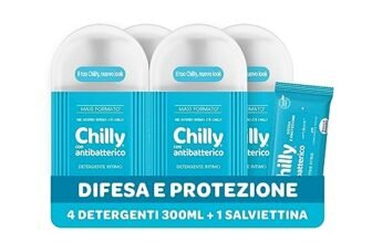 Chilly Detergente Antibatterico per l’Igiene Intima con Azione di Difesa e Protezione, Fragranza di Timo e Salvia, PH 5, Clinicamente Testato, Confezione da 4 Flaconi da 300ml