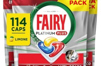 Fairy Platinum Plus Pastiglie Lavastoviglie, 114 Capsule, Limone, Detersivo Con Tecnologia Anti-Opaco, Contro Grasso e Incrostazioni Ostinate Anche nei Cicli Brevi