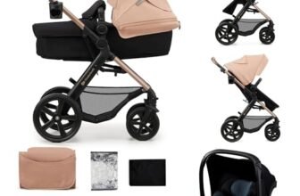 Kinderkraft MOOV 2, passeggino trio 3 in 1, navicella+passeggino 2 in 1, seggiolino auto i-Size, ruote antiforatura ammortizzate, cappottina UPF50+, fino a 27 kg, Beige