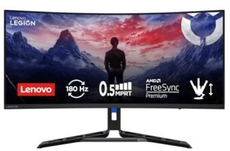 Lenovo Legion R34w-30 Gaming Monitor Curvo 34″ WQHD (3440×1440) VA, 0.5ms MPRT, 180Hz, Altoparlanti 2x3W, 2x HDMI 2.1 e DisplayPort 1.2, AMD FreeSync Premium, Cavo DP incluso – Raven Black