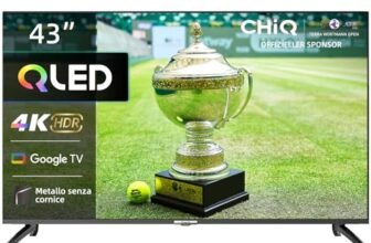 CHiQ Smart TV QLED 43 pollici 4K, Ampio spettro cromatico UHD con HDR, telecomando a controllo vocale, Chromecast integrato, Dolby Audio, DBX-TV, Bluetooth 5.0, Wi-Fi Dual Band