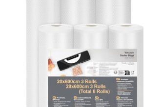 Vihoom Sacchetti Sottovuoto Alimenti 6 Rotoli 20/28x600cm, Goffrato Sacchetti Sottovuoto per Macchina Sottovuoto e Cottura Sous Vide, Senza BPA